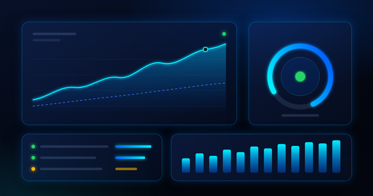 Abstract account health dashboard with glowing blue performance graphs, a circular health gauge and green status indicators on a dark navy background
