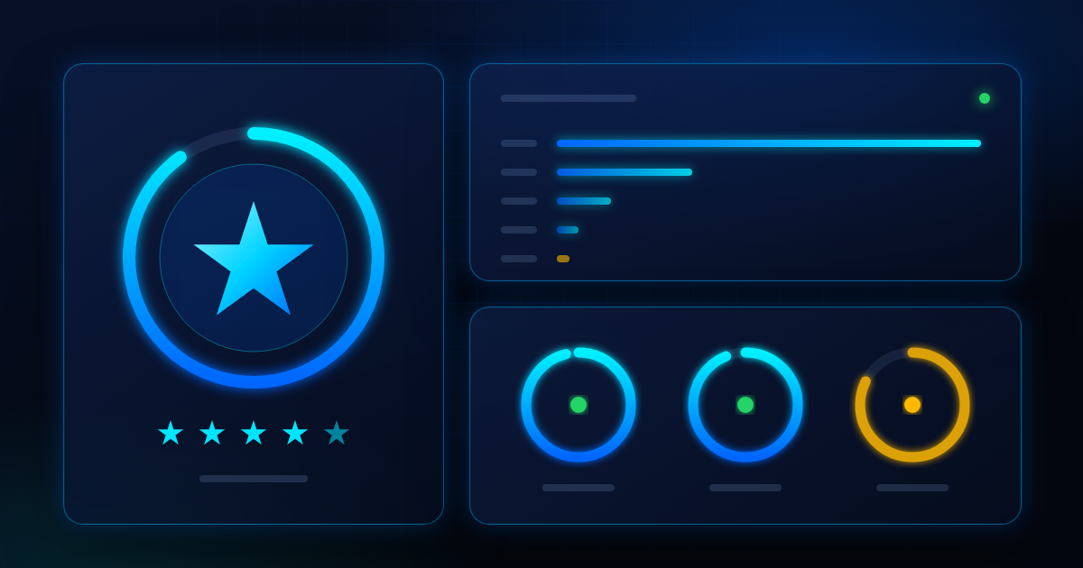 Abstract seller performance dashboard with a glowing star badge, a five-star rating row, review distribution bars and progress rings on a dark navy background