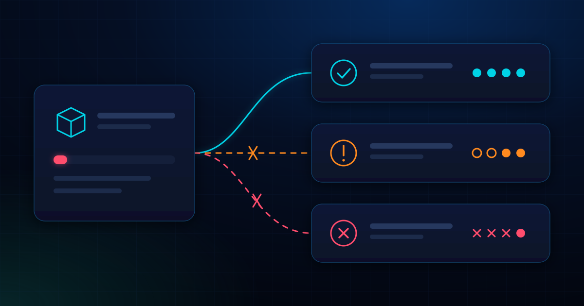 Abstract inventory dashboard with a nearly empty stock card linked to three sales-channel cards, one synced in cyan and two connected by broken dashed lines showing orange warning and red cancelled-order icons, on a dark navy background