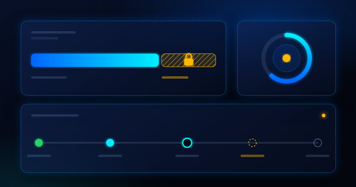 Abstract payout dashboard with a glowing blue available-balance bar, an amber locked reserve segment and a release timeline on a dark navy background