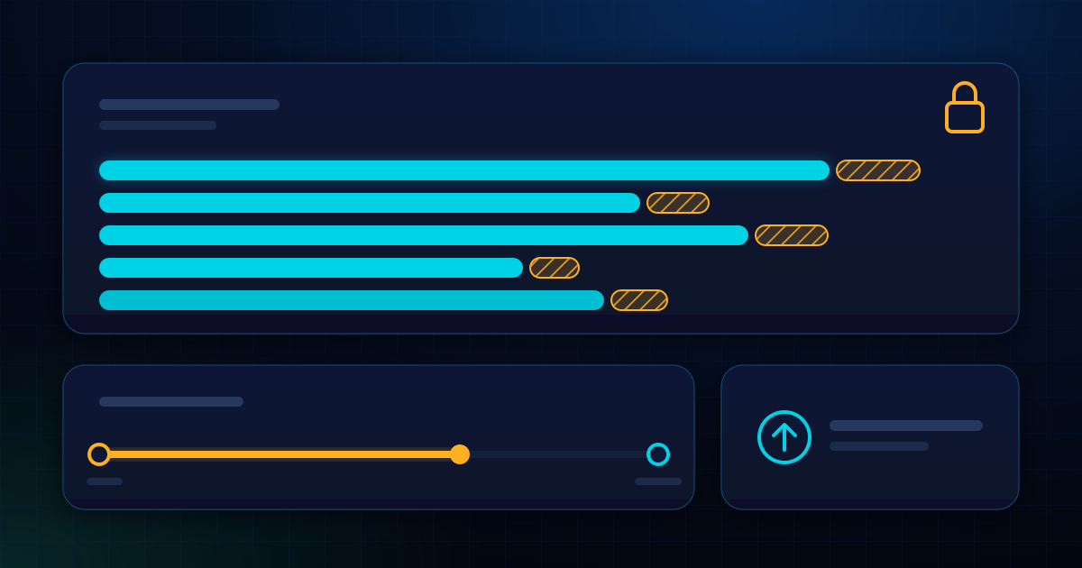 Abstract payout dashboard with five cyan transaction bars each followed by a small hatched amber segment held back under a padlock, above a reserve timeline and a release card with an upward arrow, on a dark navy background