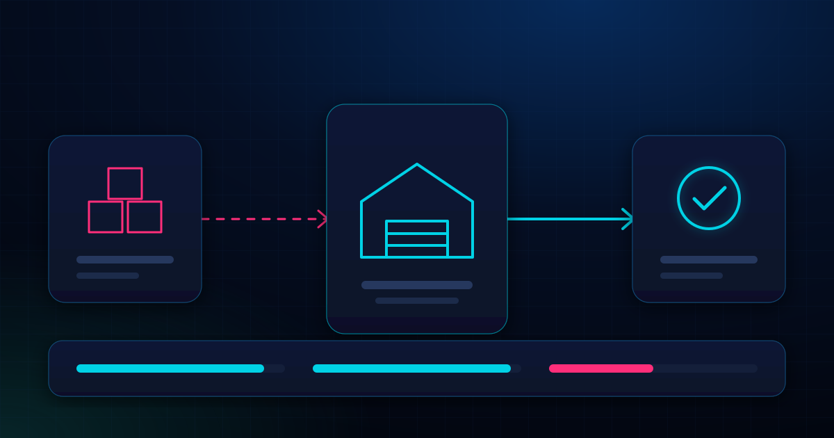 Abstract fulfillment flow with a stack of pink inventory boxes linked by a dashed arrow to a glowing cyan warehouse card, then a solid arrow to a delivery card with a check mark, above a strip of progress bars on a dark navy background