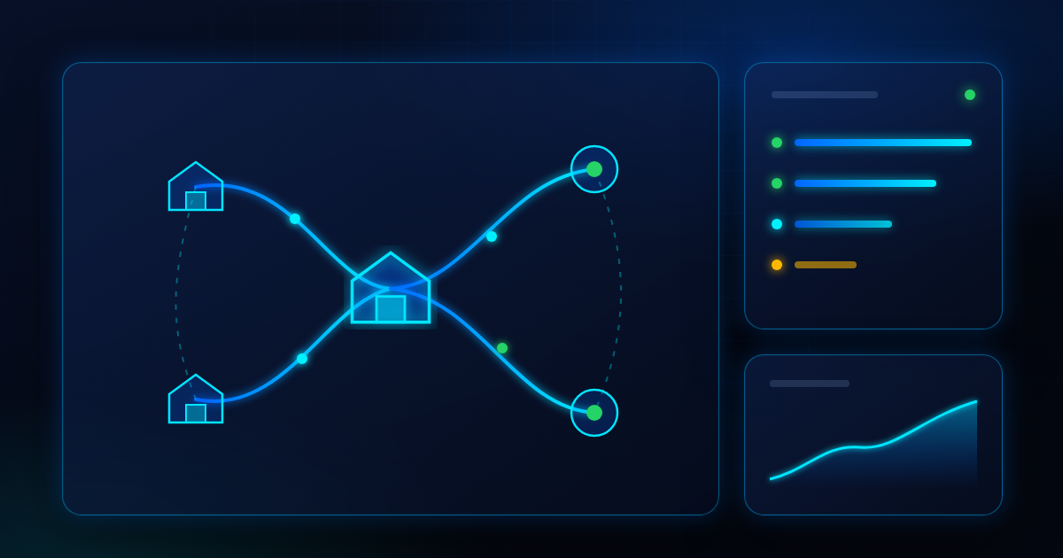 Abstract logistics dashboard with glowing blue route lines connecting warehouse nodes, shipment progress bars and status indicators on a dark navy background