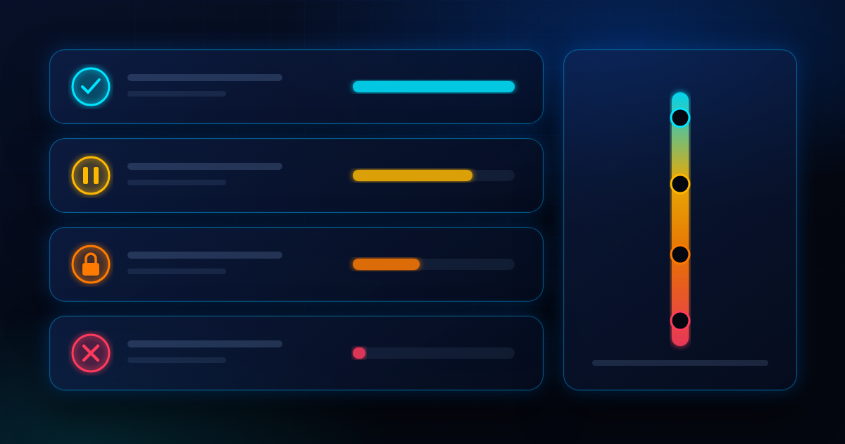 Abstract account status dashboard with four rows marked by a check, pause, lock and cross icon in colors escalating from blue to red, beside a matching severity scale on a dark navy background